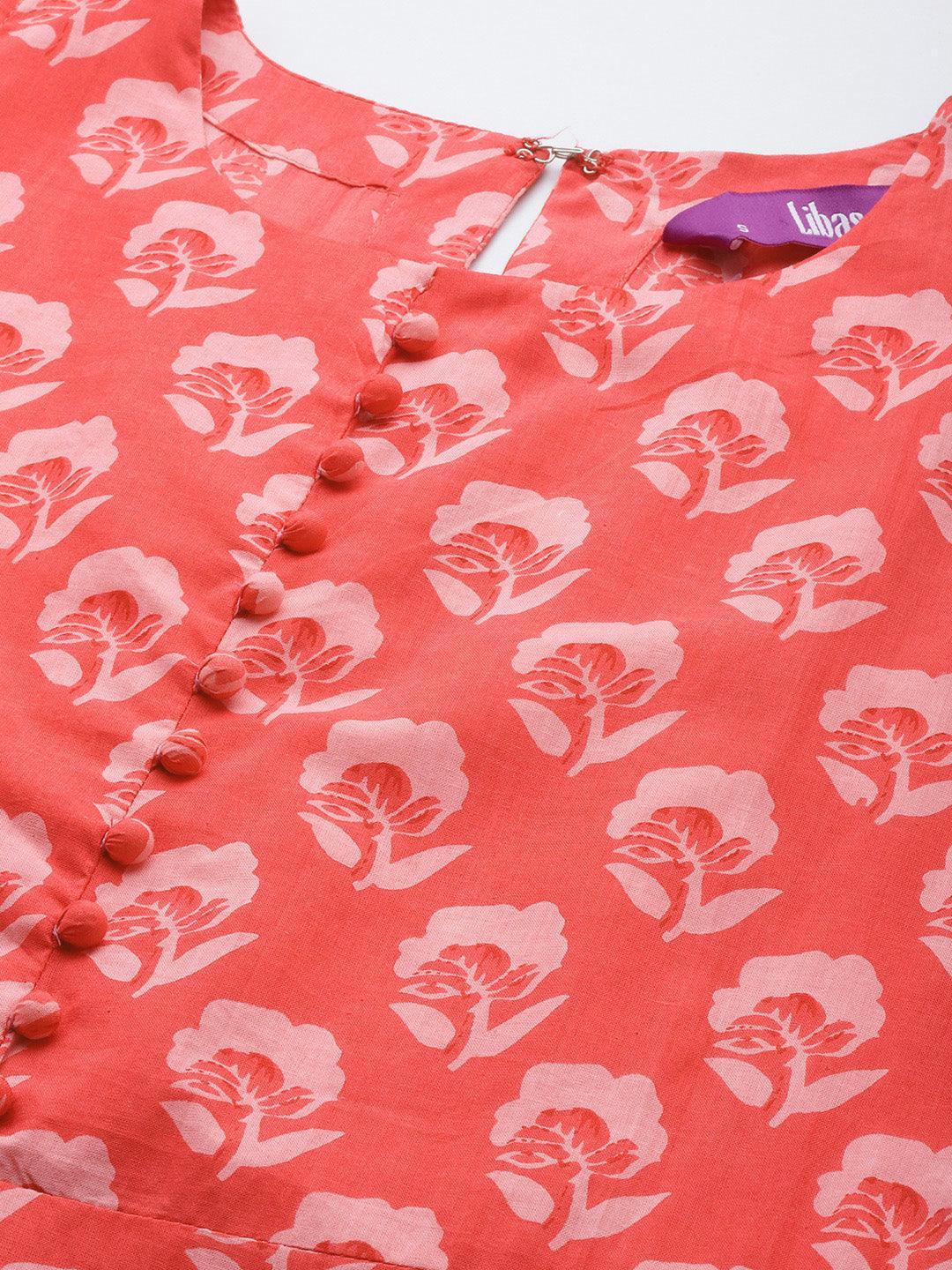 Coral Printed Cotton A-Line Kurta - ShopLibas