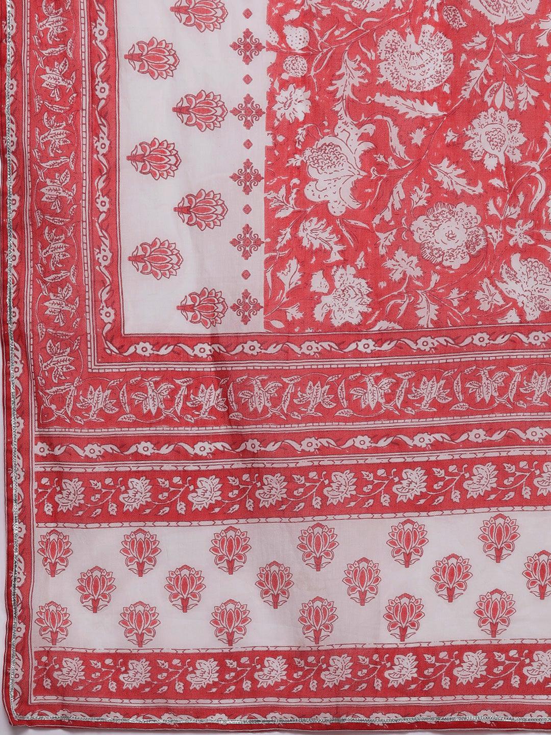 Coral Printed Cotton A-Line Kurta With Palazzos & Dupatta - Libas