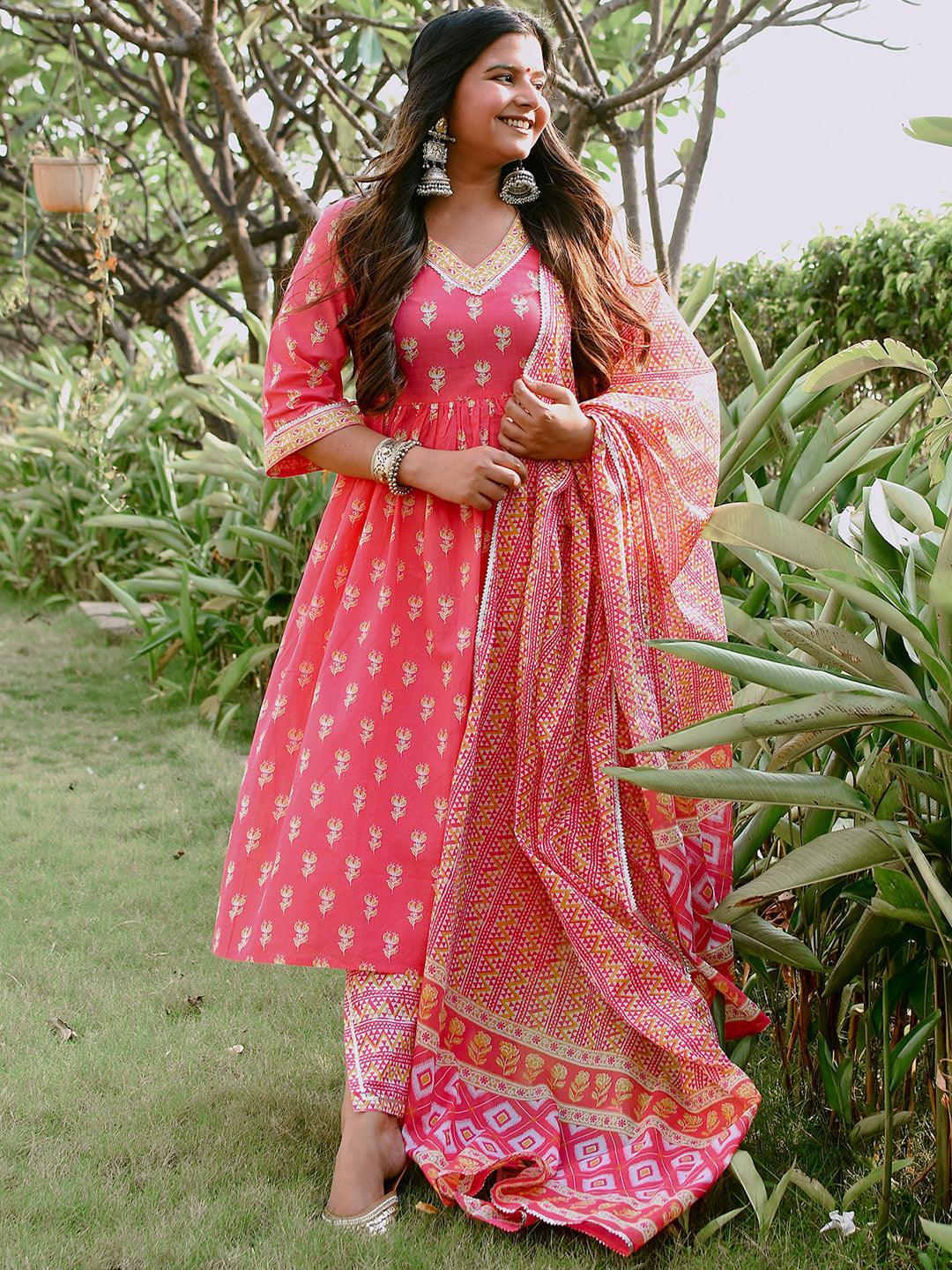 Coral Printed Cotton A-Line Suit Set With Trousers - ShopLibas
