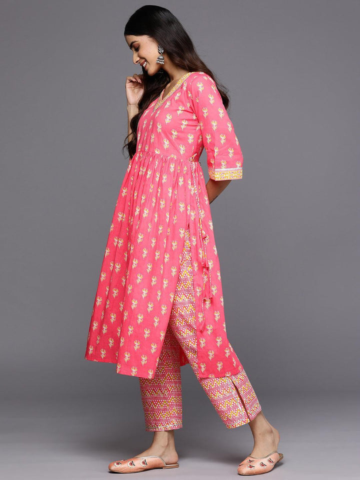 Coral Printed Cotton A-Line Suit Set With Trousers