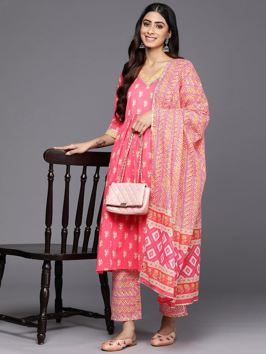 Coral Printed Cotton A-Line Suit Set With Trousers - ShopLibas