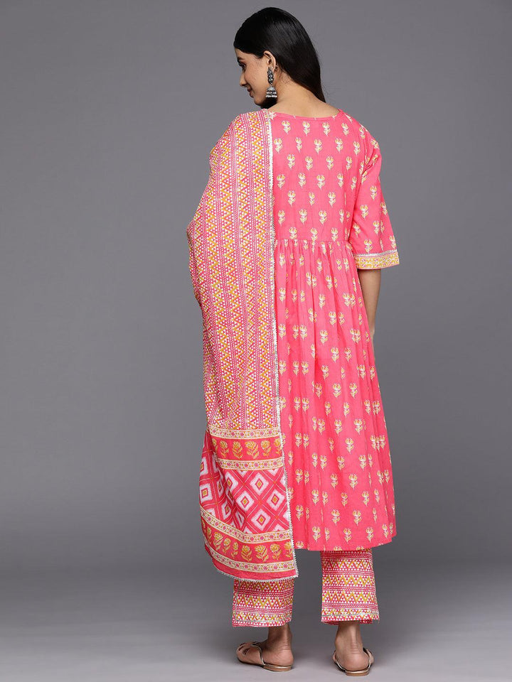 Coral Printed Cotton A-Line Suit Set With Trousers