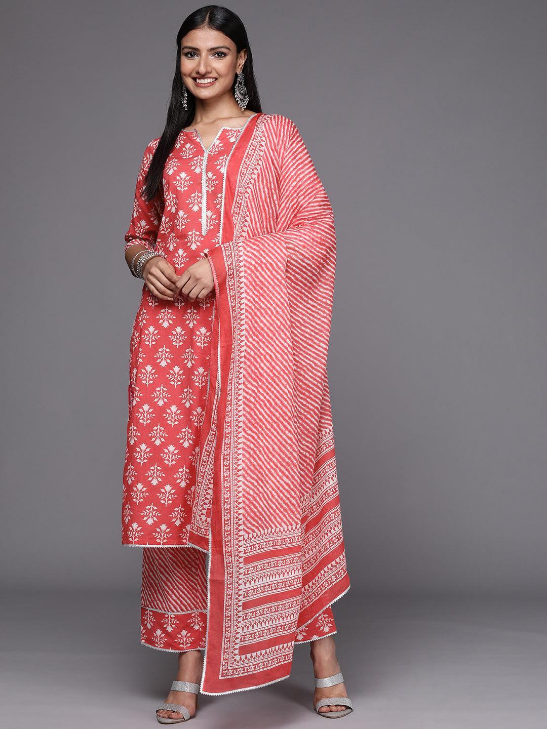Coral Printed Cotton Straight Suit Set - ShopLibas