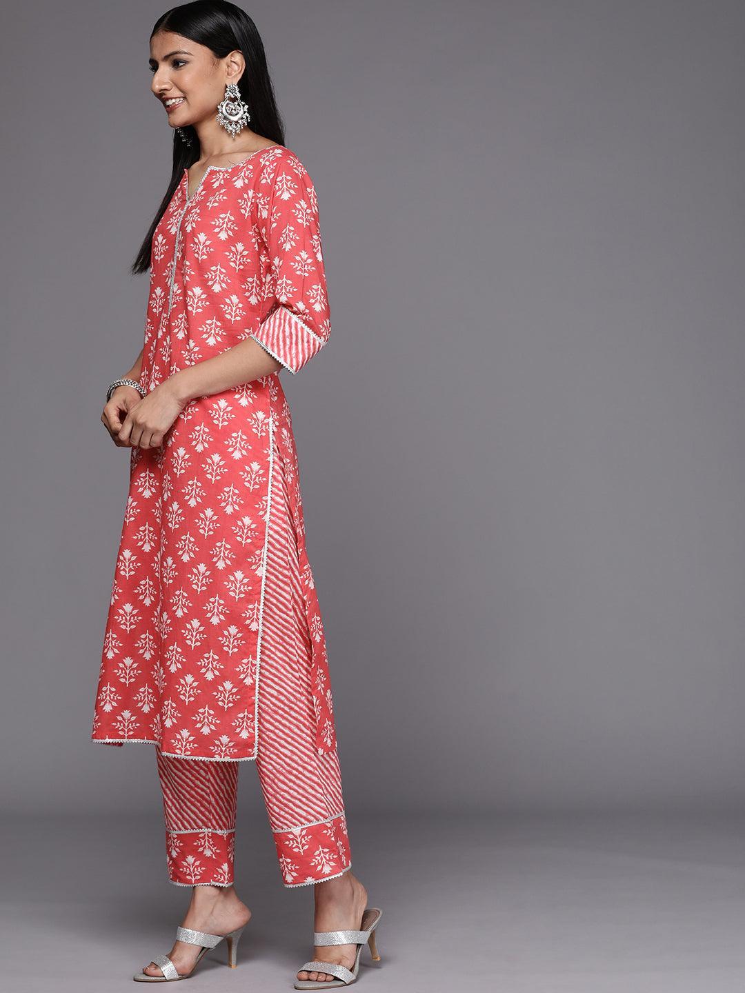 Coral Printed Cotton Straight Suit Set - ShopLibas