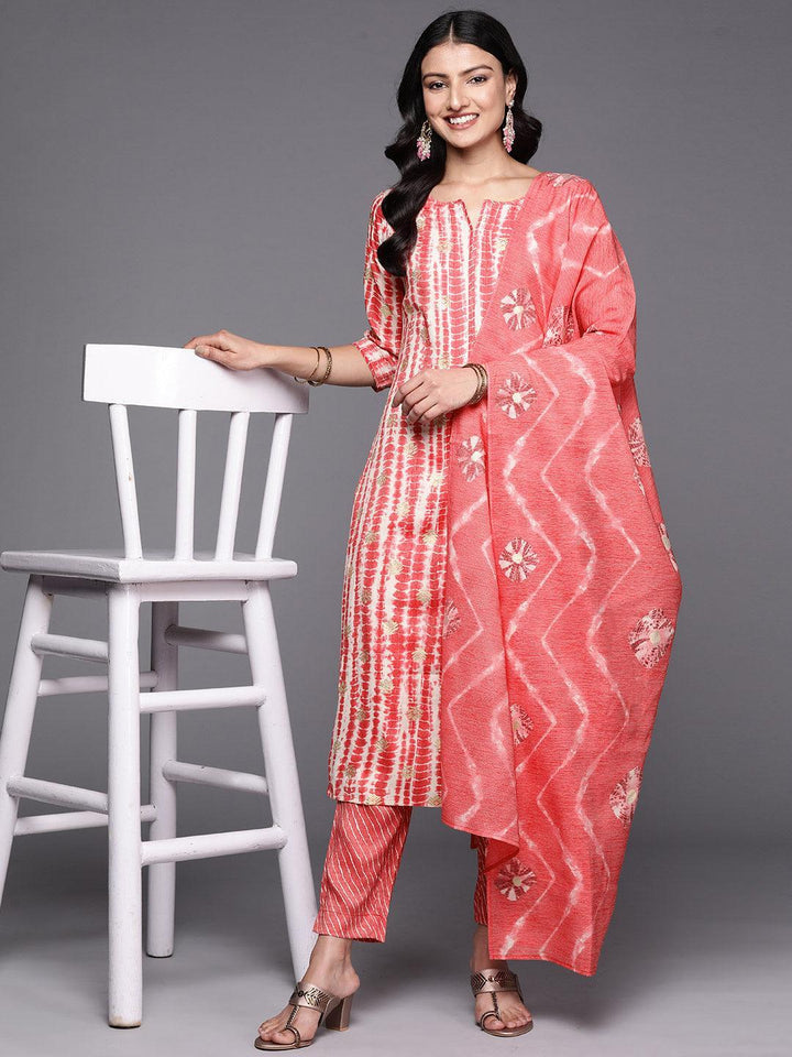 Coral Printed Rayon Straight Suit Set With Trousers