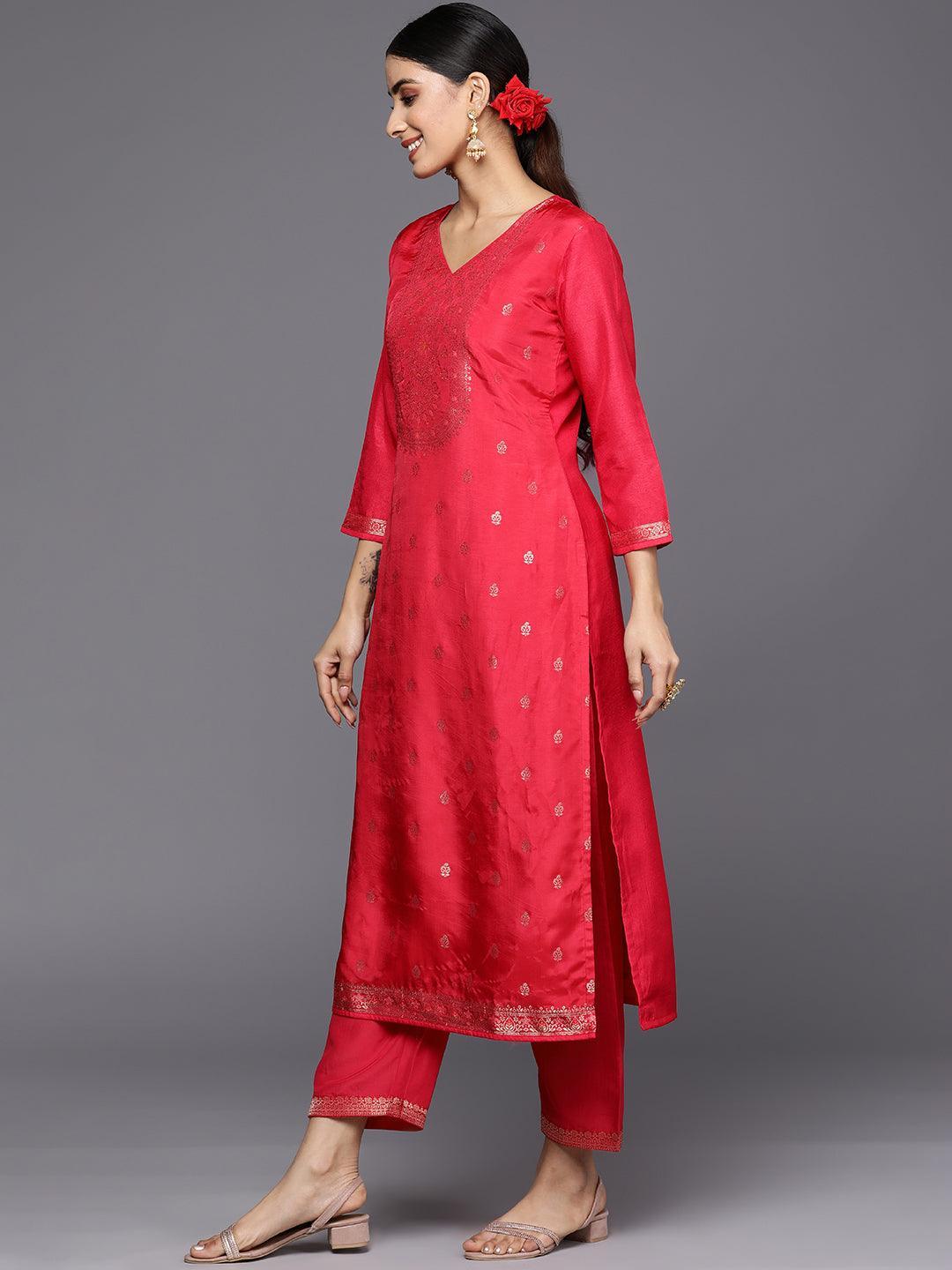 Coral Self Design Silk Blend Straight Suit Set With Trousers - ShopLibas
