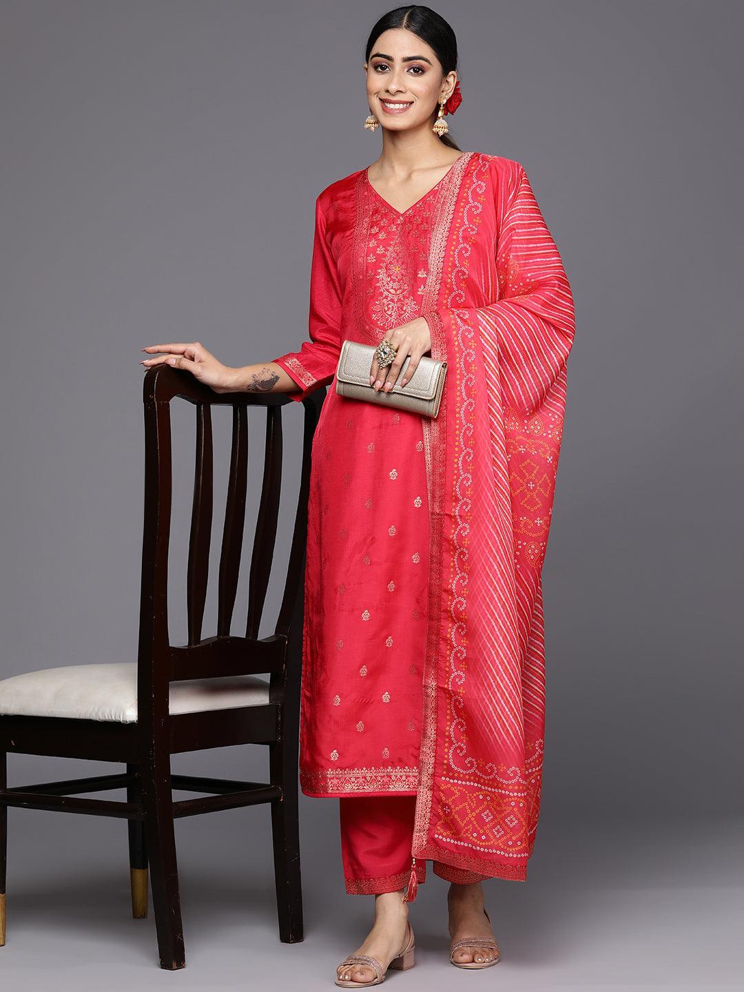 Coral Self Design Silk Blend Straight Suit Set With Trousers - ShopLibas