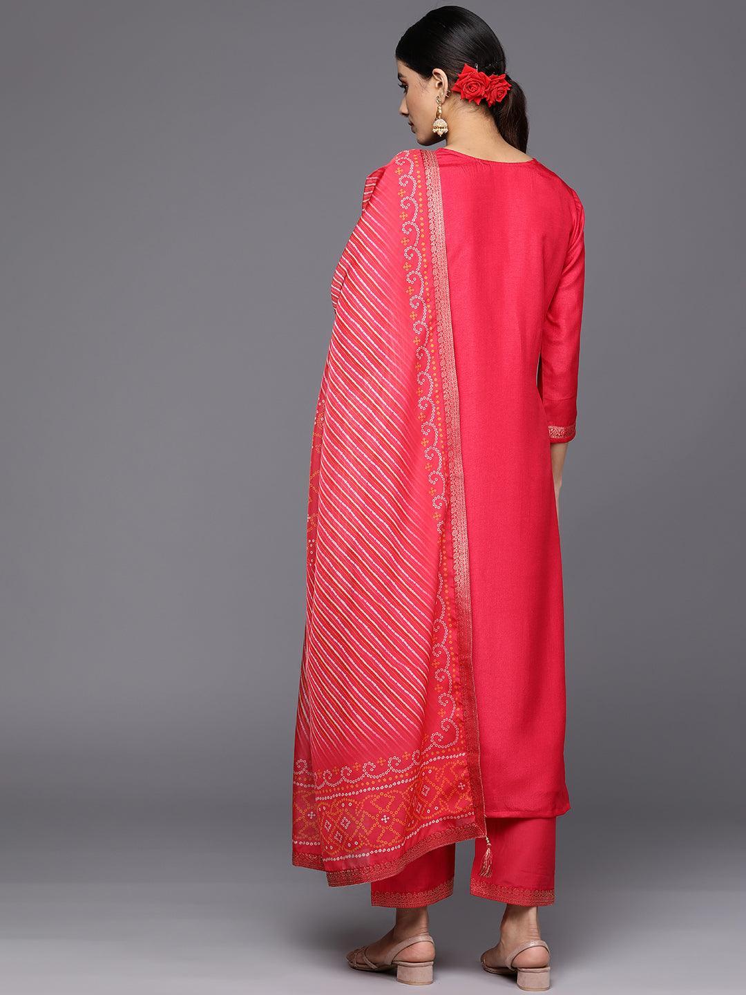 Coral Self Design Silk Blend Straight Suit Set With Trousers - ShopLibas