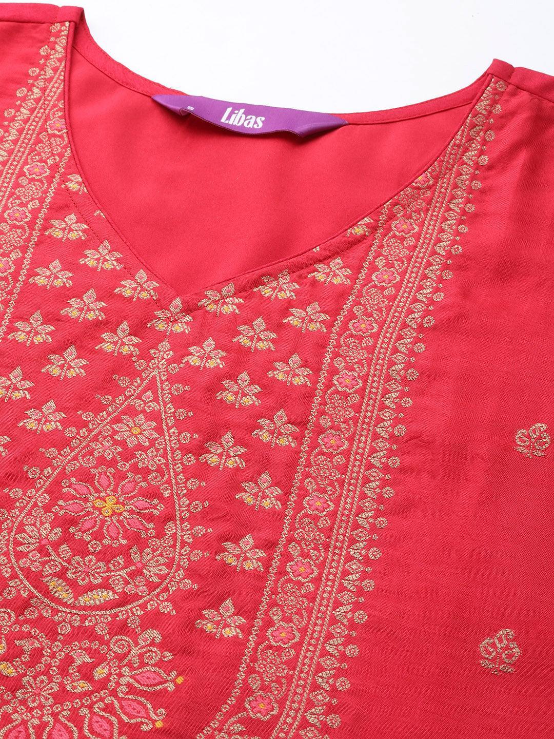 Coral Self Design Silk Blend Straight Suit Set With Trousers - ShopLibas