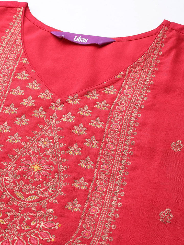 Coral Self Design Silk Blend Straight Suit Set With Trousers