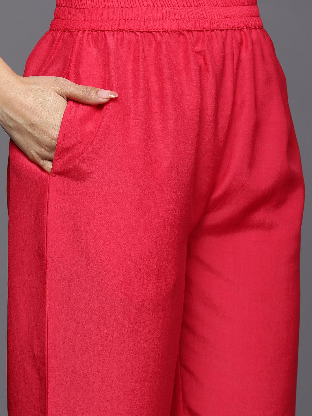 Coral Self Design Silk Blend Straight Suit Set With Trousers - ShopLibas