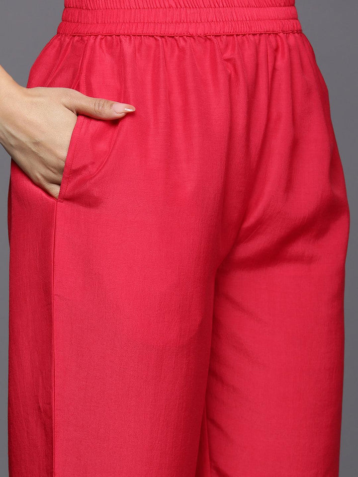 Coral Self Design Silk Blend Straight Suit Set With Trousers