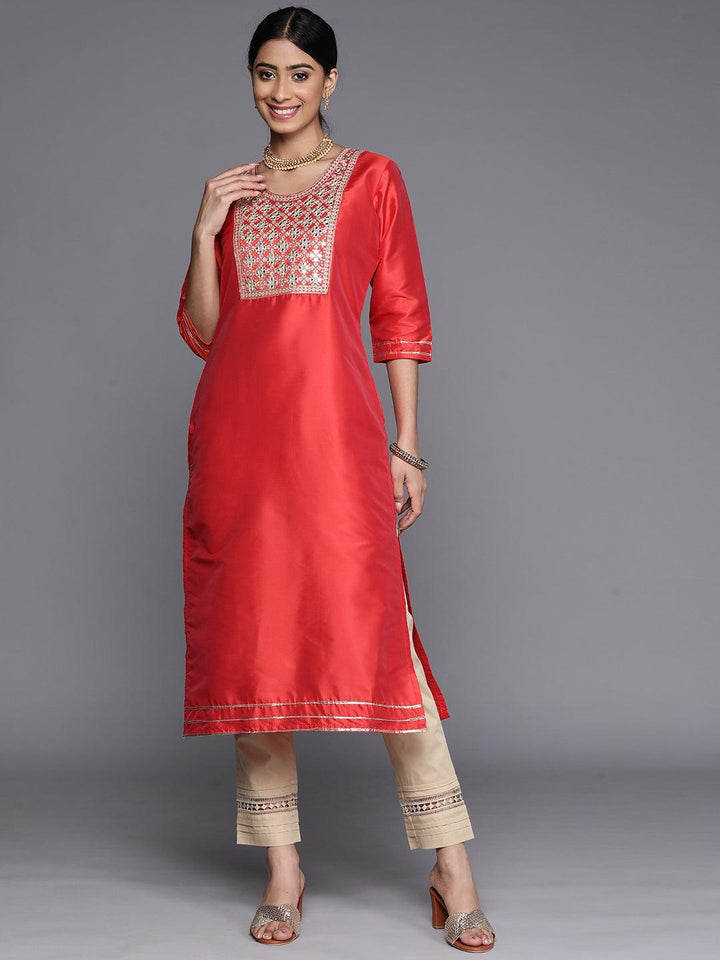 Coral Yoke Design Silk Straight Kurta