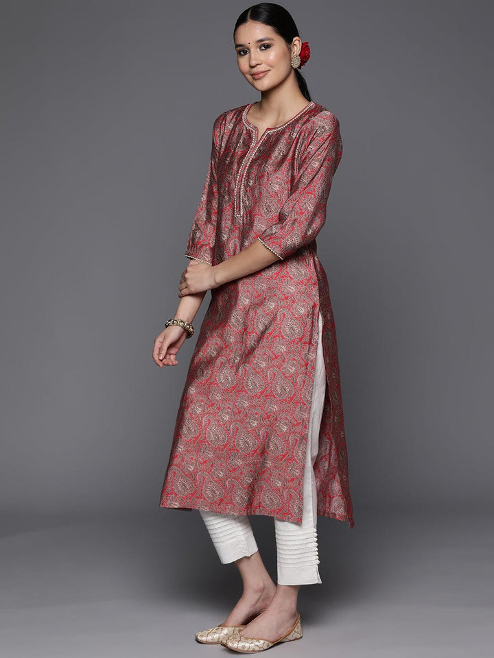 Coral Yoke Design Silk Straight Kurta