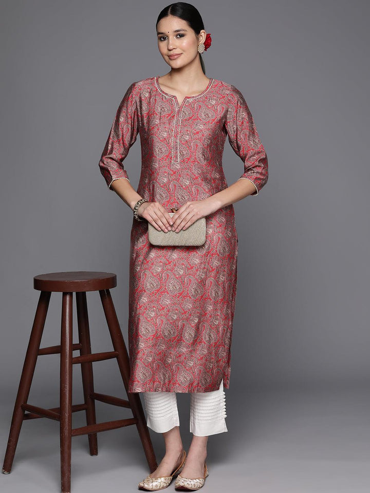 Coral Yoke Design Silk Straight Kurta