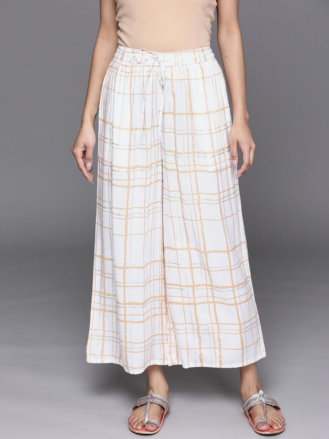 Cream Checkered Cotton Palazzos - ShopLibas