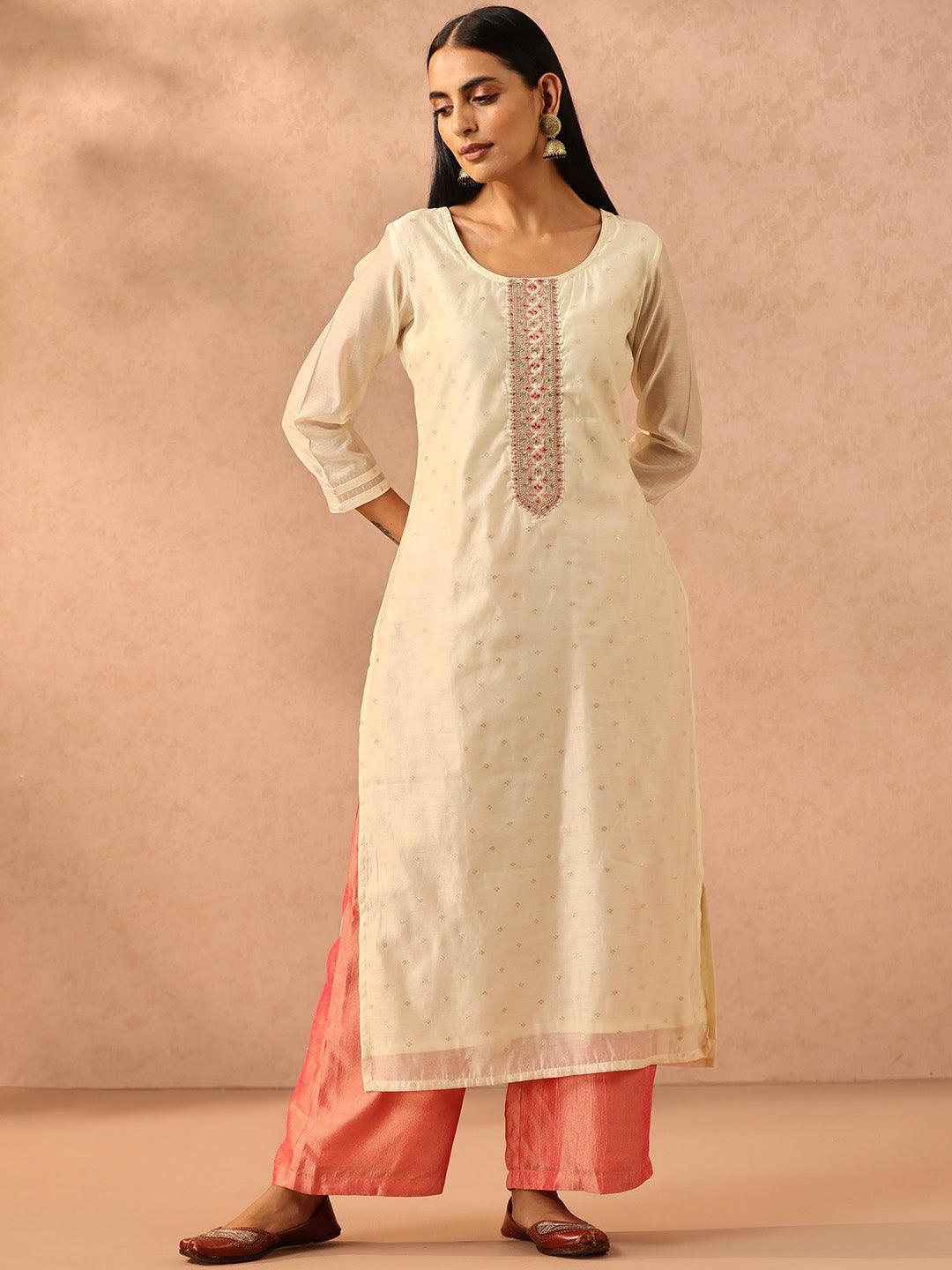 Cream Embellished Chanderi Silk Straight Kurta - ShopLibas