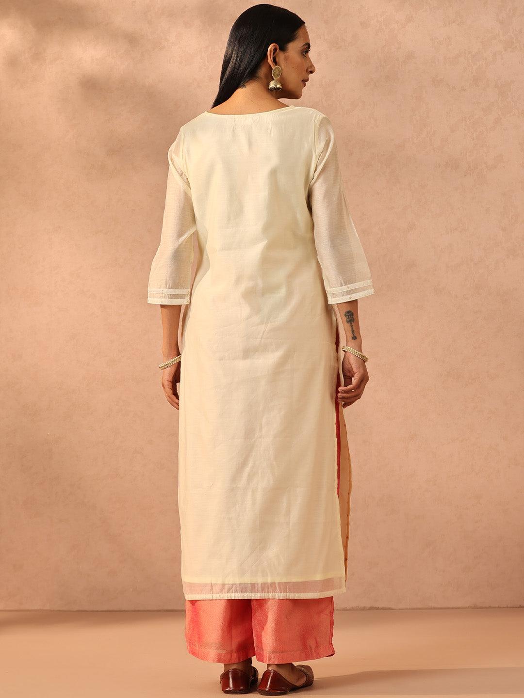 Cream Embellished Chanderi Silk Straight Kurta - ShopLibas