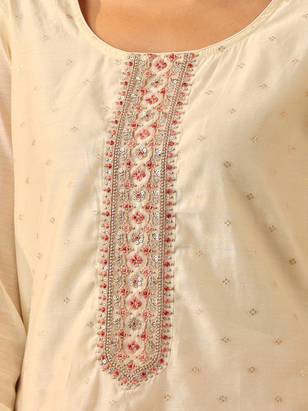 Cream Embellished Chanderi Silk Straight Kurta - ShopLibas