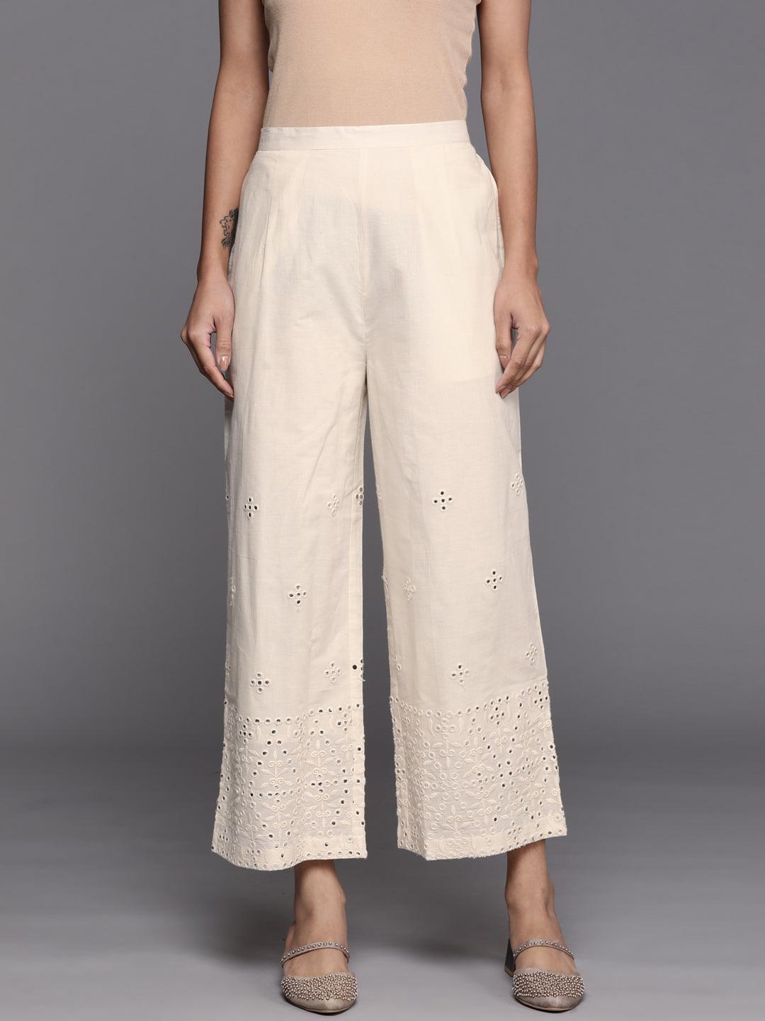Cream Embroidered Cotton Palazzos - ShopLibas