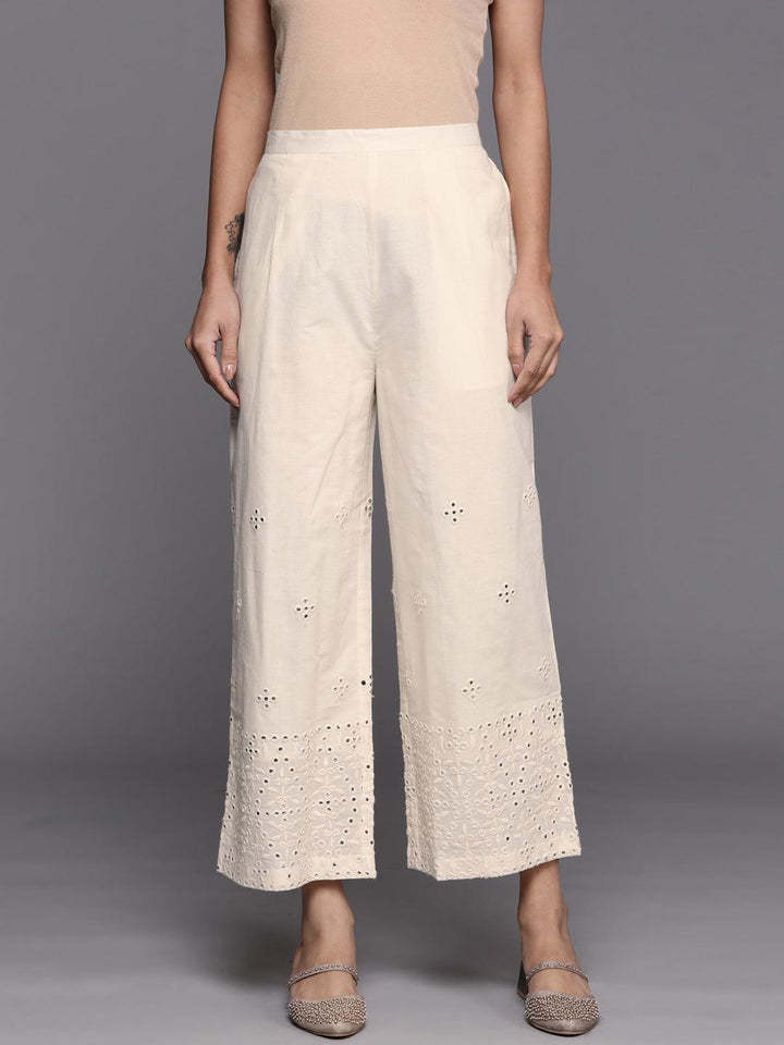 Cream Embroidered Cotton Palazzos