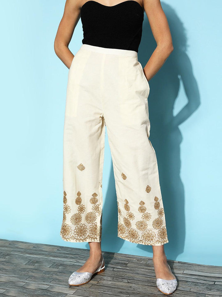 Cream Embroidered Cotton Palazzos