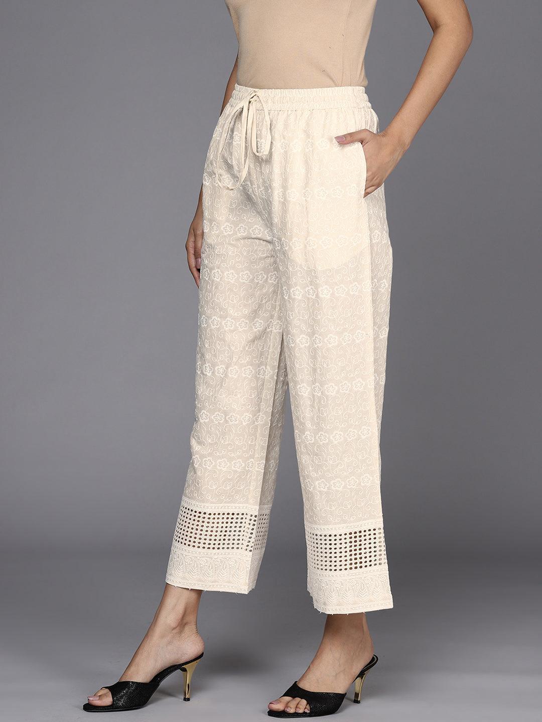 Cream Embroidered Cotton Palazzos - ShopLibas