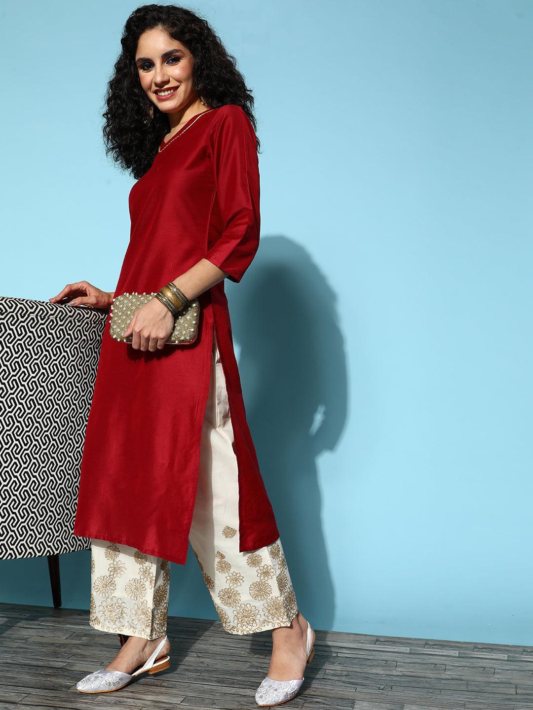 Cream Embroidered Cotton Palazzos - Libas