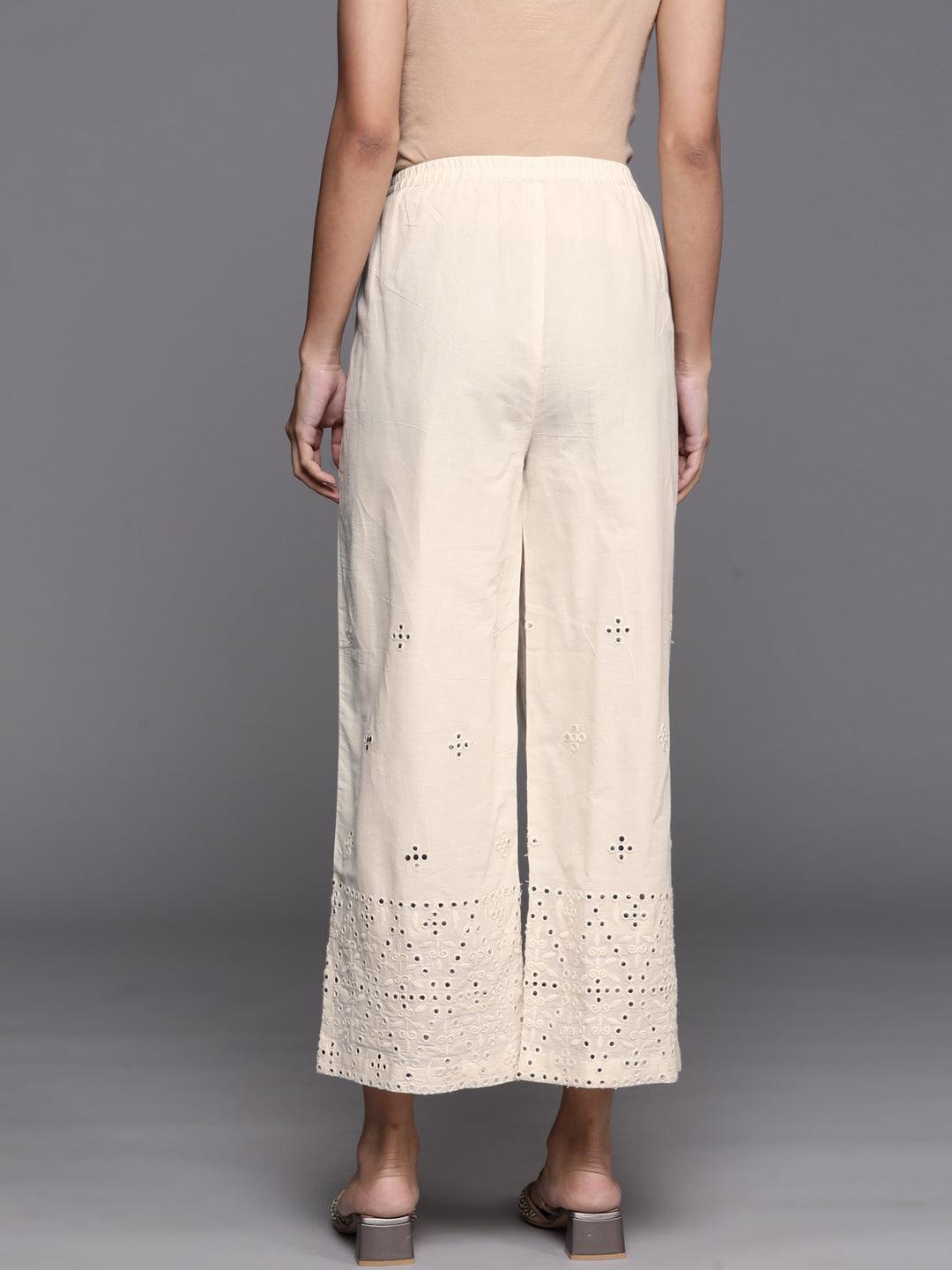 Cream Embroidered Cotton Palazzos - ShopLibas