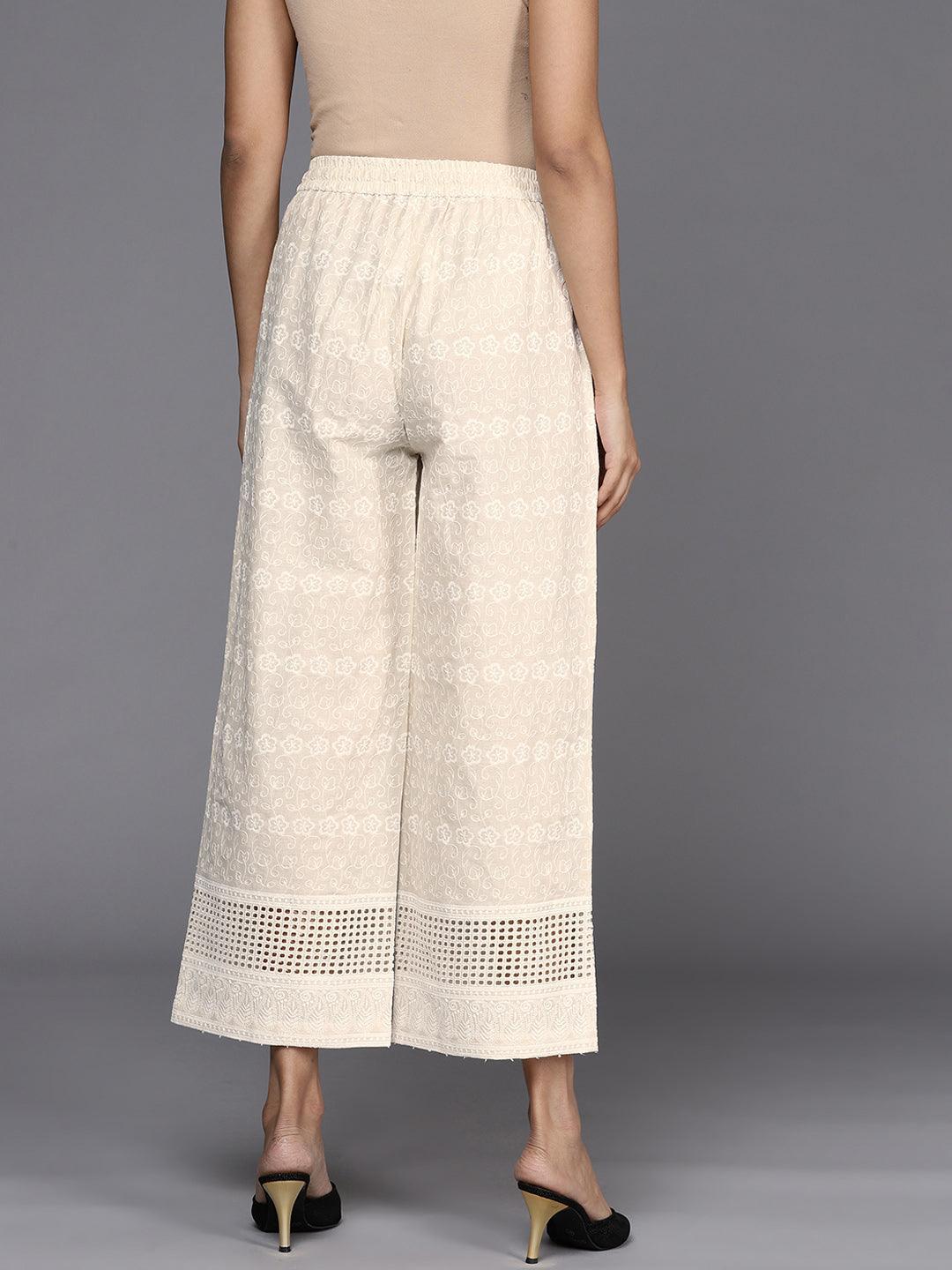 Cream Embroidered Cotton Palazzos - ShopLibas