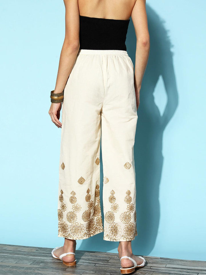 Cream Embroidered Cotton Palazzos