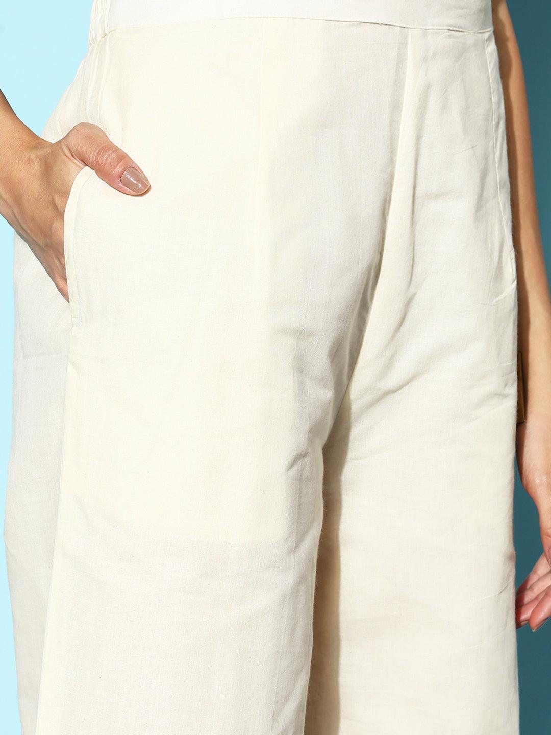 Cream Embroidered Cotton Palazzos - Libas