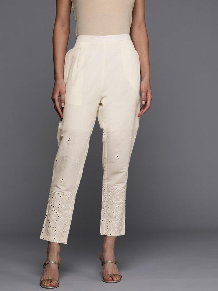 Cream Embroidered Cotton Trousers