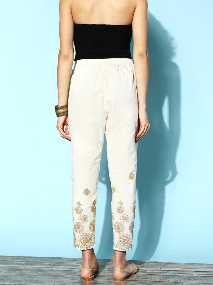 Cream Embroidered Cotton Trousers