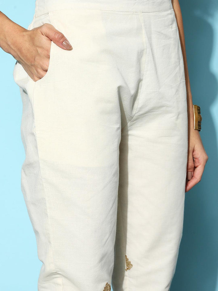 Cream Embroidered Cotton Trousers