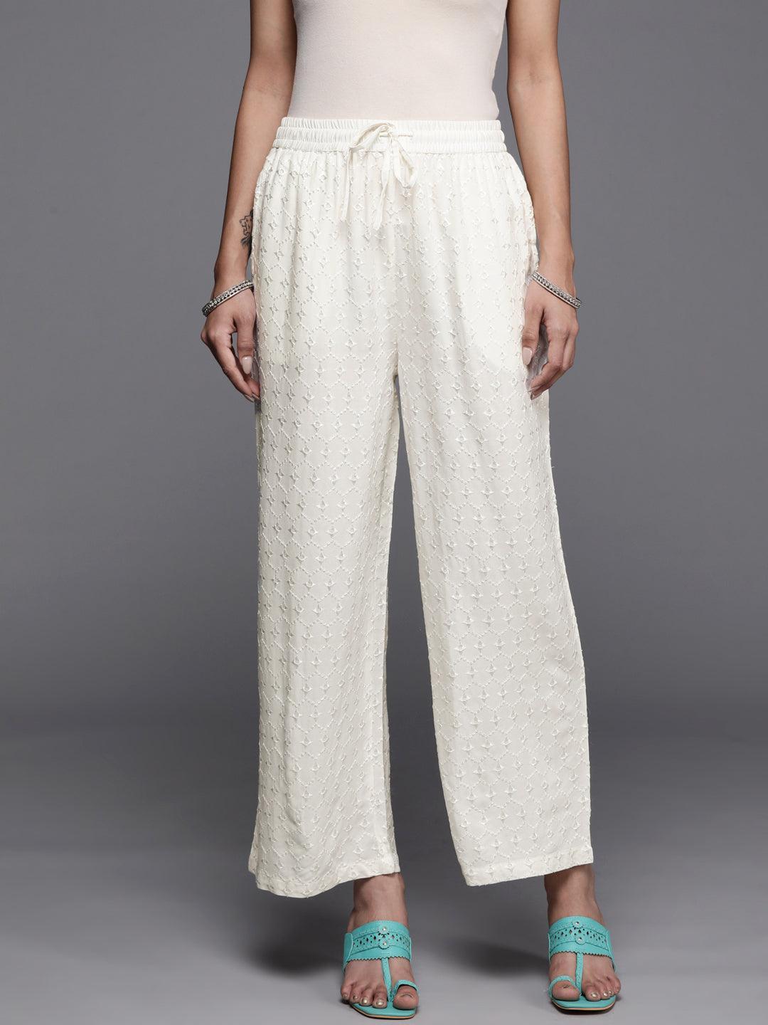 Cream Embroidered Rayon Palazzos - ShopLibas