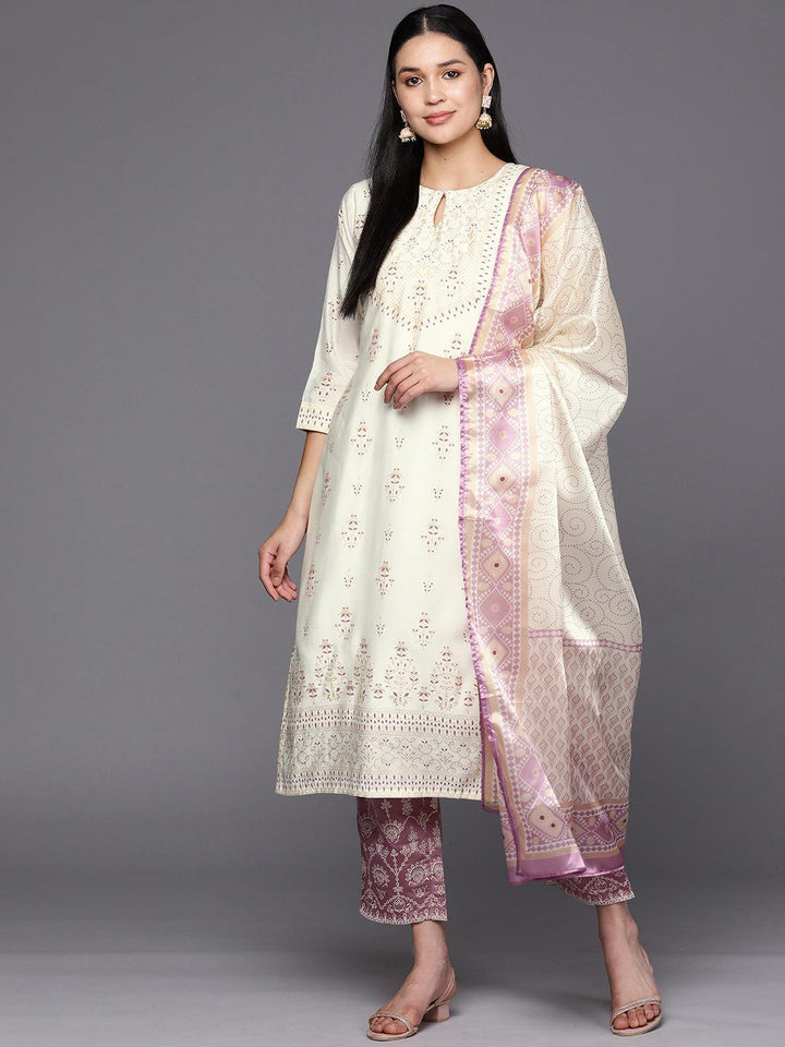 Cream Printed Chanderi Silk Straight Suit Set With Trousers