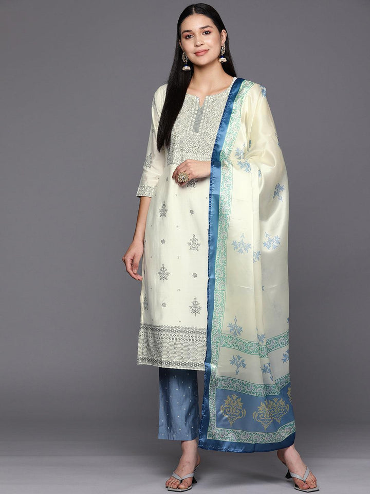 Cream Printed Chanderi Silk Straight Suit Set With Trousers