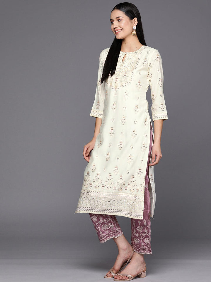 Cream Printed Chanderi Silk Straight Suit Set With Trousers