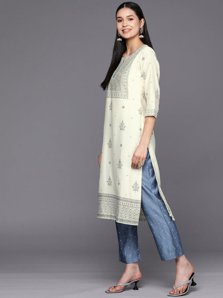 Cream Printed Chanderi Silk Straight Suit Set With Trousers