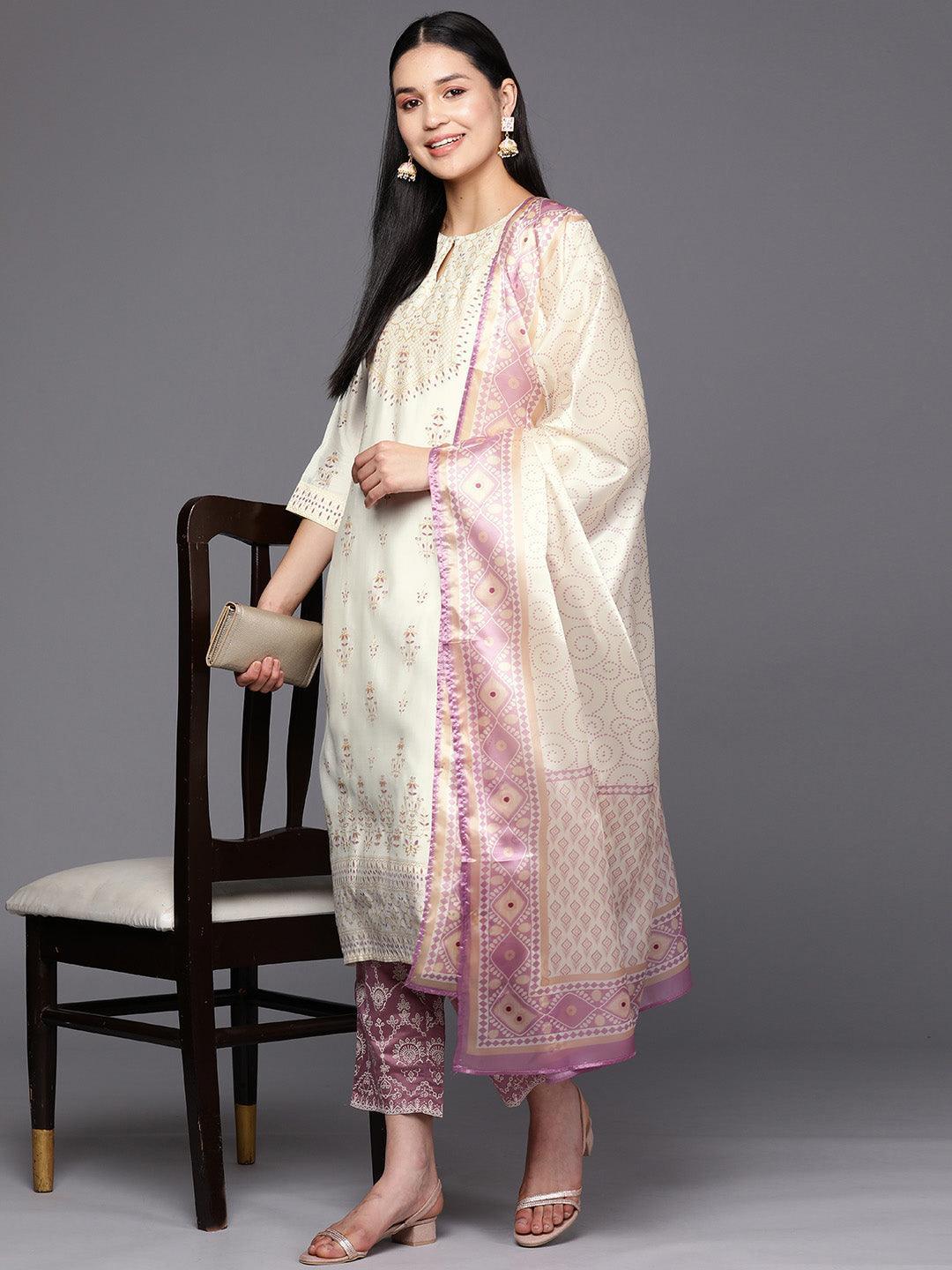 Cream Printed Chanderi Silk Straight Suit Set With Trousers - ShopLibas