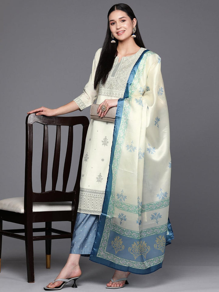 Cream Printed Chanderi Silk Straight Suit Set With Trousers