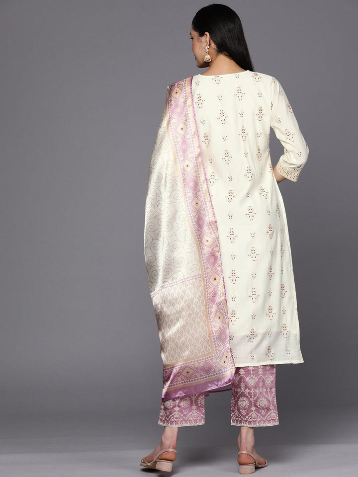 Cream Printed Chanderi Silk Straight Suit Set With Trousers