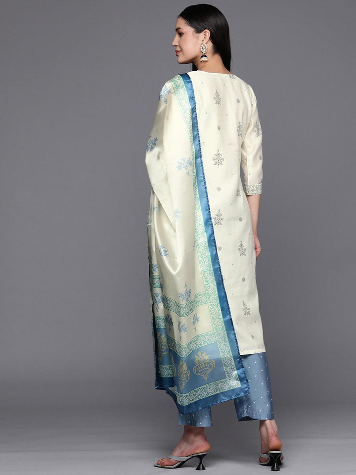 Cream Printed Chanderi Silk Straight Suit Set With Trousers