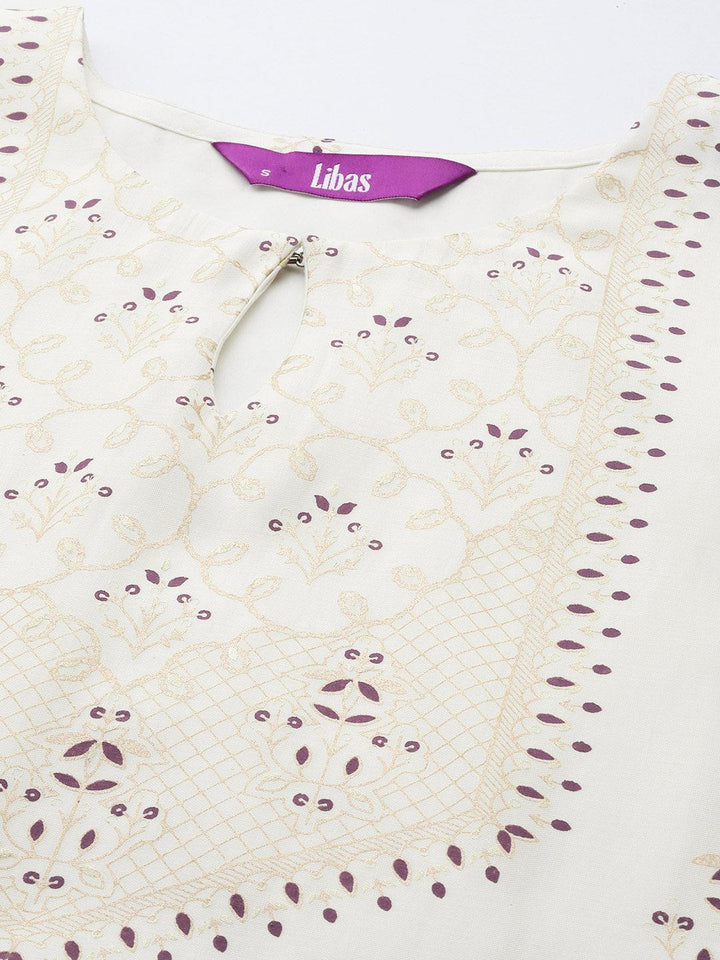 Cream Printed Chanderi Silk Straight Suit Set With Trousers