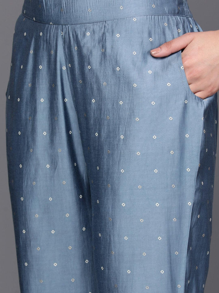 Cream Printed Chanderi Silk Straight Suit Set With Trousers