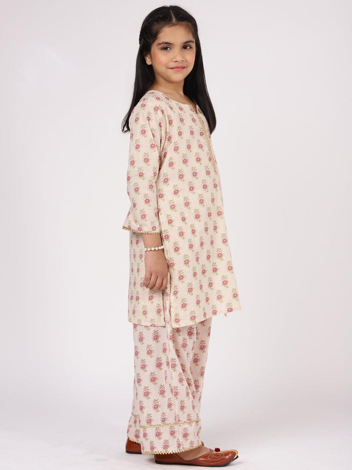 Kids Cream Printed Cotton Suit Set