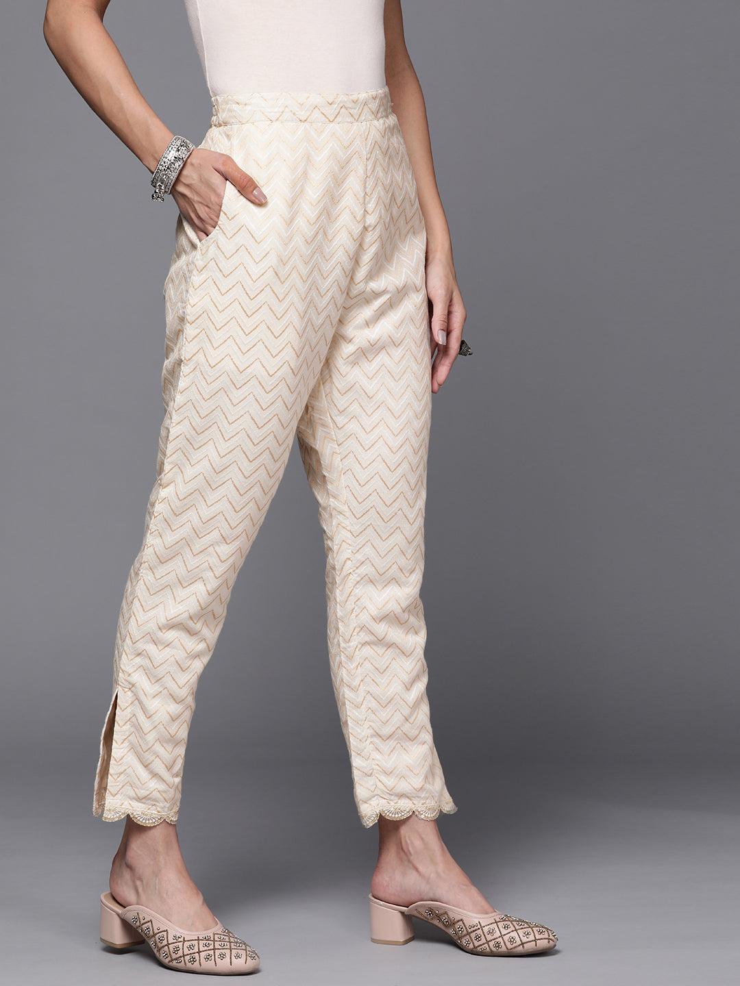 Cream Printed Cotton Trousers - ShopLibas