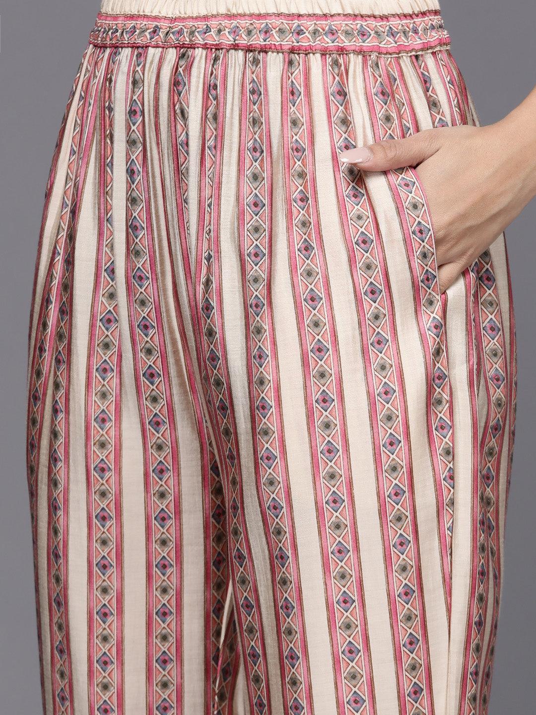 Cream Printed Silk Blend Straight Suit Set - ShopLibas