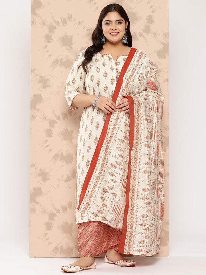 Cream Printed Silk Blend Straight Kurta With Palazzos and Dupatta